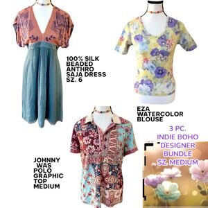 INDIE BOHO  3 PC. BUNDLE SZ. MEDIUM! JOHNNY WAS, EZA,‎ ANTRHO SAJA SILK DRESS